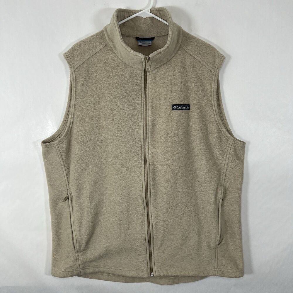 Columbia Full Zip Fleece Vest Mens Size 2XT 2XLT Beige Zipper Pockets Mock Neck